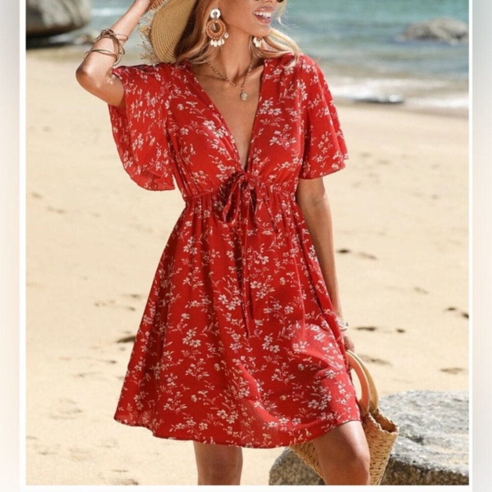 Red Boho Floral Print Butterfly Sleeve Knot Front Dress